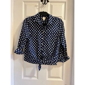 J Crew Blue White Polka Dot Top Size Small Womens Button Tie Waist Blouse Pocket